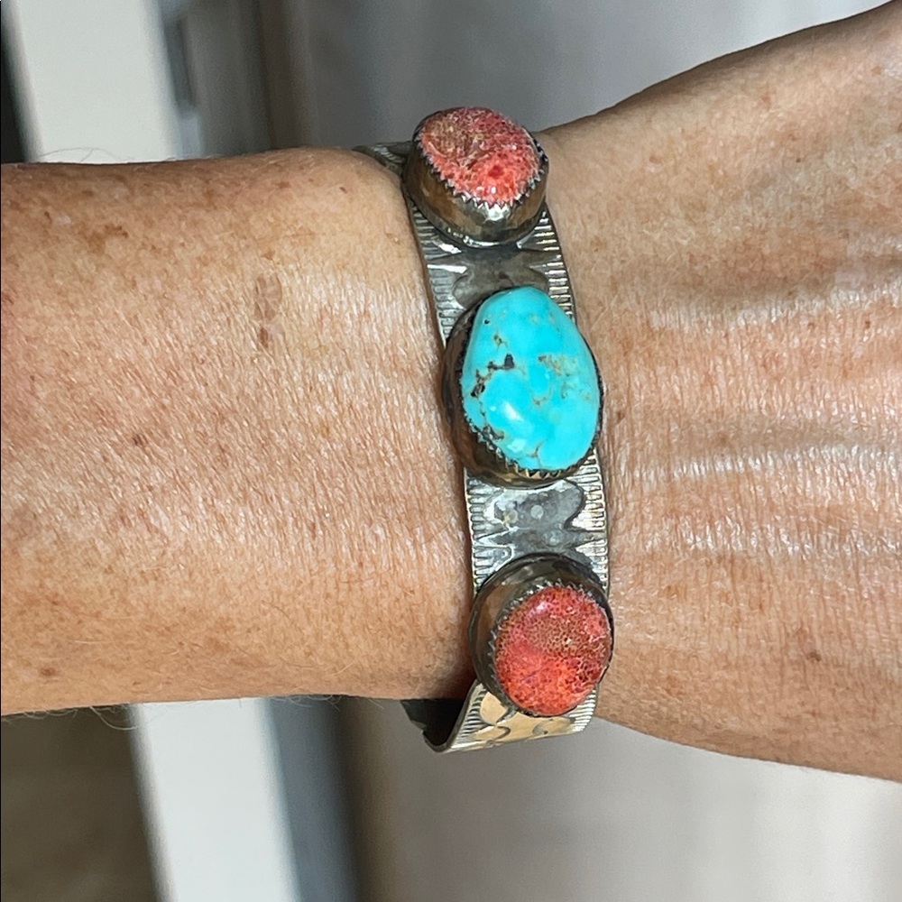 native American Turquoise and Red Stone sterling Silver vintage cuff  Bracelet